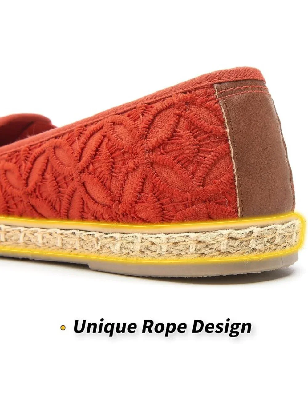 Womens Orange Rubber Flower Embroidered Comfortable Round Toe Casual Ballet Flat